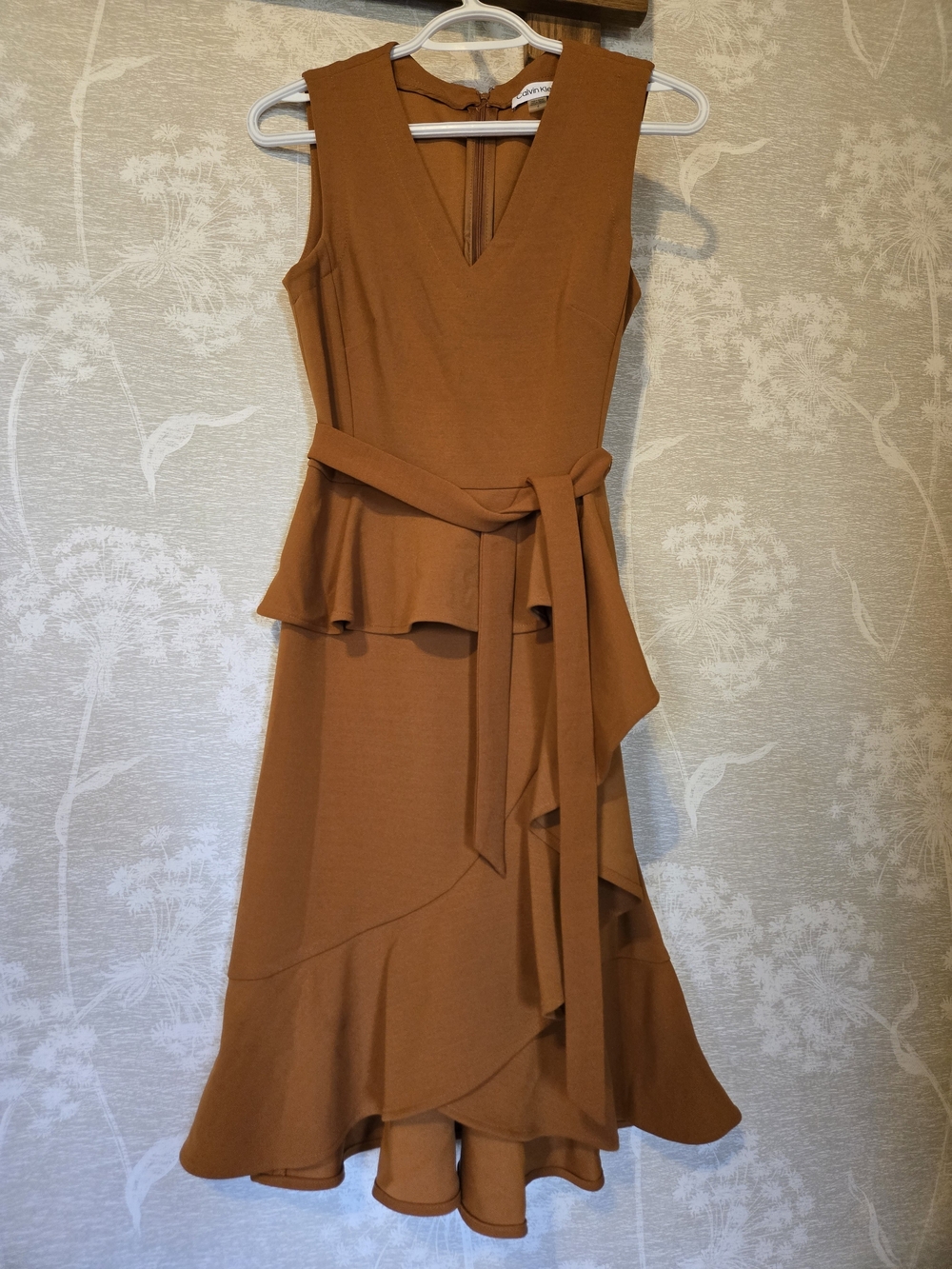 Calvin Klein Rust Sleeveless Peplum High-Low Dress